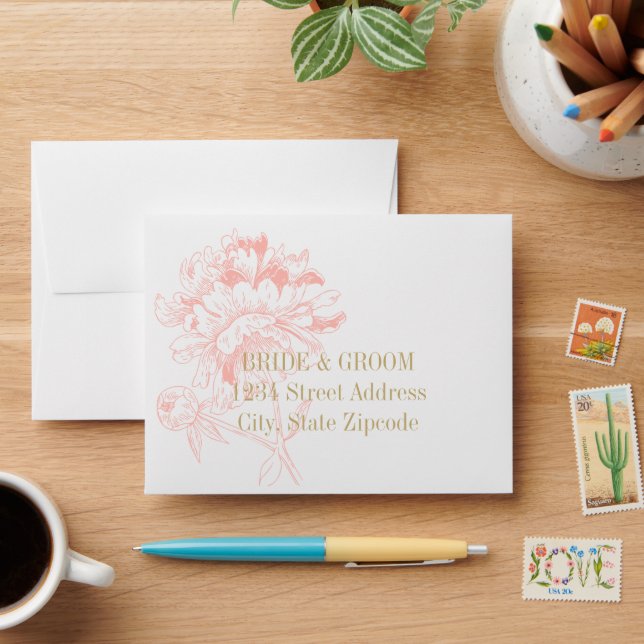Elegant Coral and Gold Floral Peony Wedding Envelope (Desk)