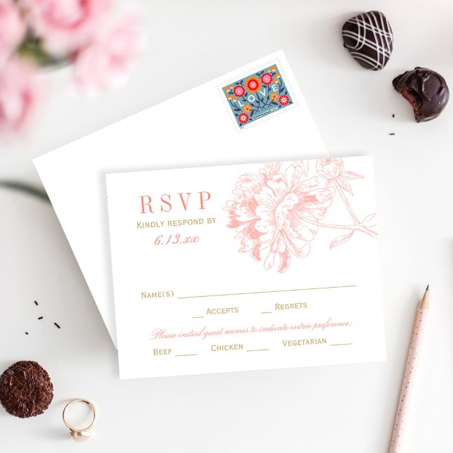 Elegant Coral and Gold Floral Peony Wedding RSVP Card (Creator Uploaded)