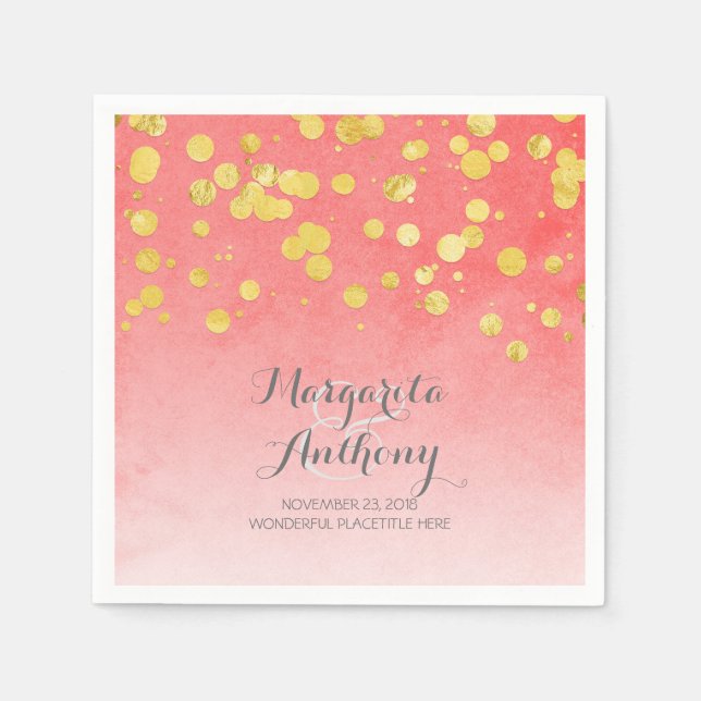 Elegant Coral and Gold Wedding Napkin (Front)