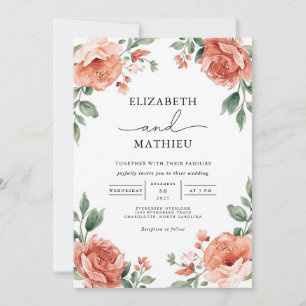 Elegant Coral and Green Floral Garden Wedding Invitation