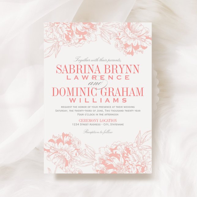 Elegant Coral and Grey Floral Peony Wedding Invitation (Creator Uploaded)