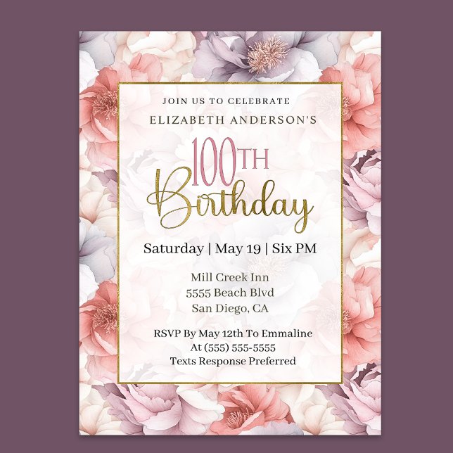 Elegant Coral and Lavender Peony 100th Birthday  Invitation (Creator Uploaded)