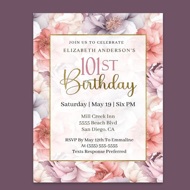 Elegant Coral and Lavender Peony 101st Birthday  Invitation (Creator Uploaded)