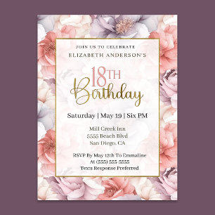 Elegant Coral and Lavender Peony 18th Birthday  Invitation