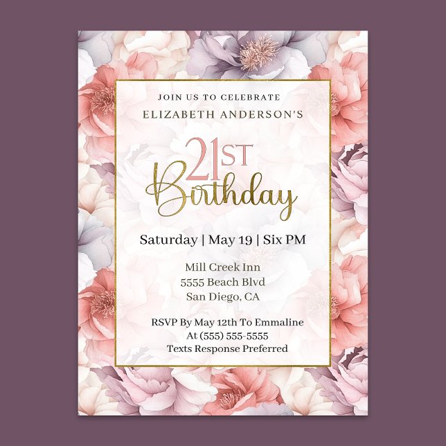 Elegant Coral and Lavender Peony 21st Birthday  Invitation (Creator Uploaded)