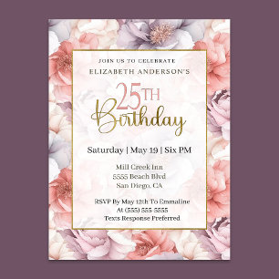Elegant Coral and Lavender Peony 25th Birthday  Invitation