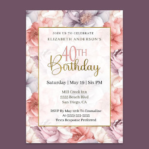 Elegant Coral and Lavender Peony 40th Birthday  Invitation