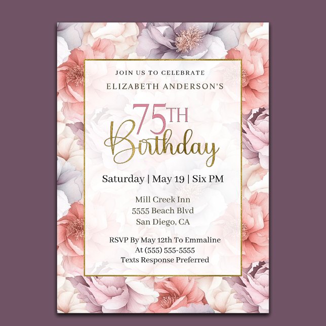 Elegant Coral and Lavender Peony 75th Birthday  Invitation (Creator Uploaded)