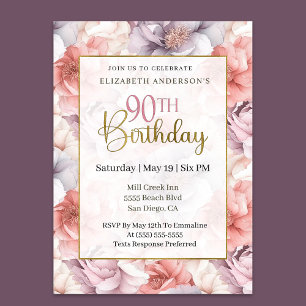 Elegant Coral and Lavender Peony 90th Birthday  Invitation