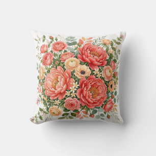 Elegant Coral and Peach Peony Floral Bouquet  Cushion
