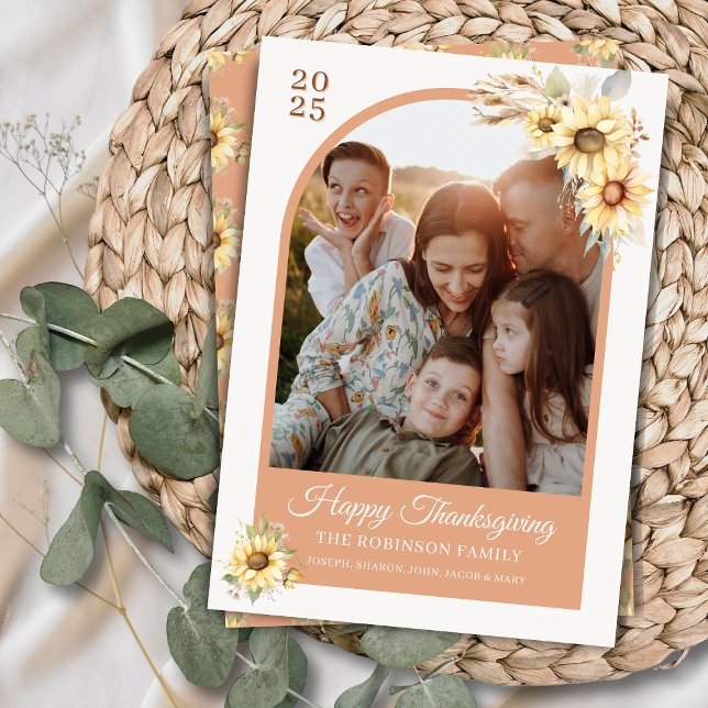 Elegant Coral Arch Floral Happy Thanksgiving Holiday Card (Elegant sunflowers floral arch Happy thanksgiving cards with coral peach arch with photo and notes)