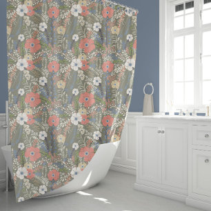 Elegant Coral Blue Green Floral Patten Shower Curtain