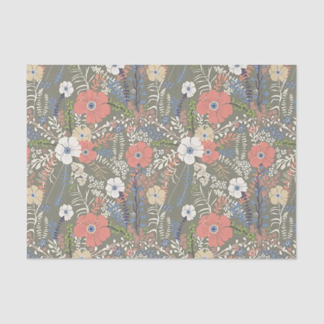 Elegant Coral Blue Green Floral Patten  Tissue Paper (Front)