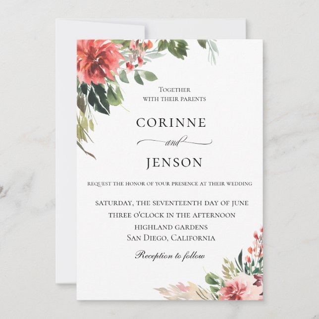 Elegant Coral Botanical Wedding Invitation (Front)