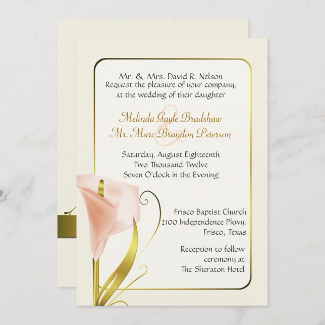 Elegant Coral Calla Lily Wedding Invitation (Front/Back)