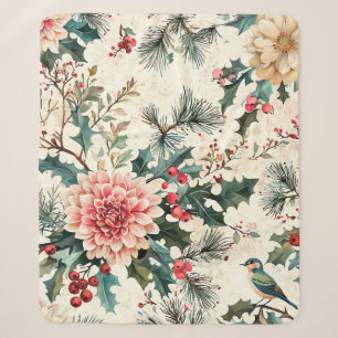 Elegant Coral Dahlia Holly Christmas Cream Sherpa Blanket
