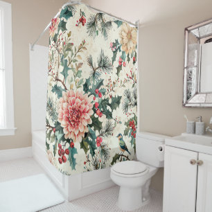Elegant Coral Dahlia Holly Christmas Cream Shower Curtain