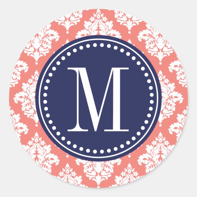 Elegant Coral Damask Personalised Classic Round Sticker (Front)