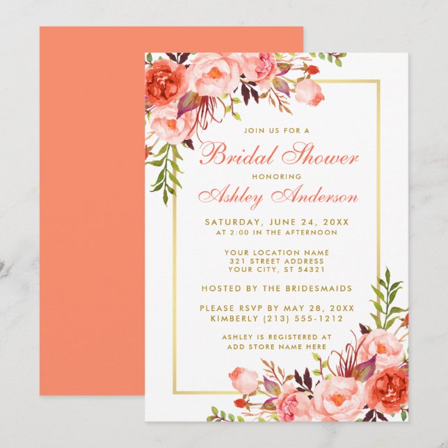 Elegant Coral Floral Gold Bridal Shower Invitation (Front/Back)