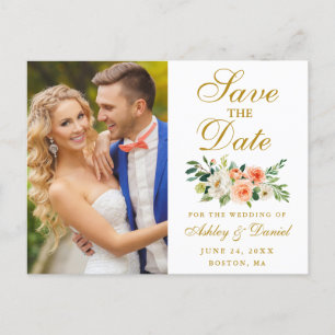 Elegant Coral Floral Gold Photo Save The Date Postcard