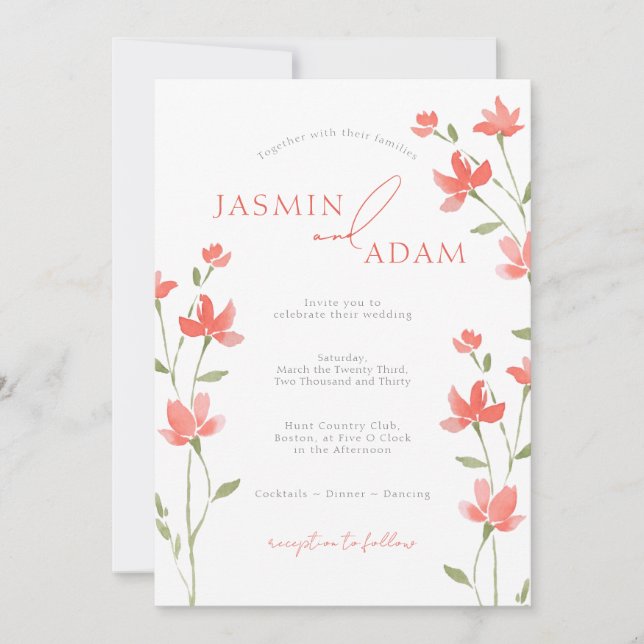 Elegant Coral Floral Monogram Wedding Invitation (Front)