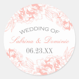 Elegant Coral Floral Peony Monogram Wedding Classic Round Sticker