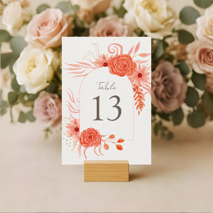 Elegant Coral Floral Terracotta Wedding Table Number