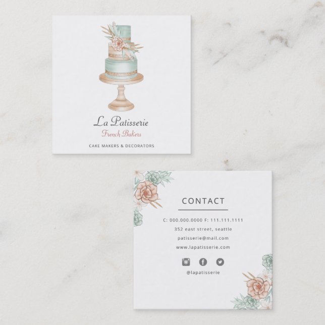 Elegant Coral  Floral Wedding Cake Makers Bakery Square Business Card (Front/Back)