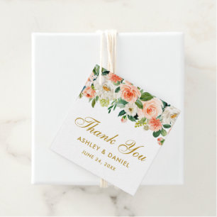 Elegant Coral Floral Wedding Thank You Gold Favour Tags