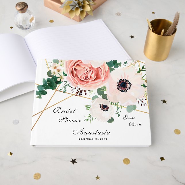 Elegant Coral Flowers Bridal Shower Floral Custom Guest Book (Front Open)