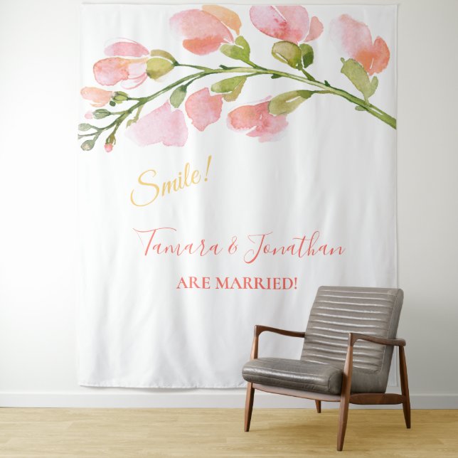 Elegant Coral Gold Floral Photo Booth Backdrop Tapestry (In Situ)