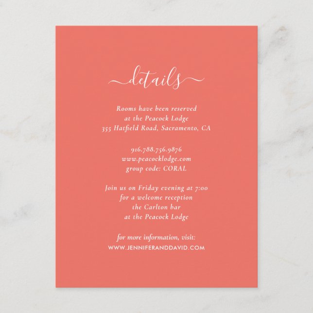 Elegant Coral Guest Information Cards (Front)
