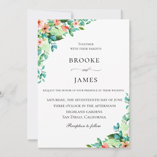 Elegant Coral Island Botanical Wedding Invitation (Front)