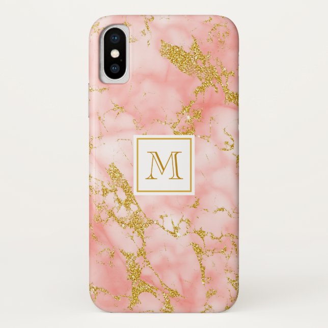 Elegant Coral Marble Monogram Faux Gold Glitter Case-Mate iPhone Case (Back)