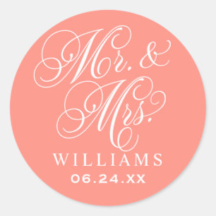 Elegant Coral Mr and Mrs Script Custom Monogram Classic Round Sticker