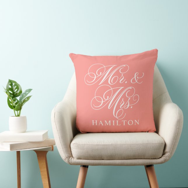 Elegant Coral Mr and Mrs Script Custom Monogram Cushion (Chair)