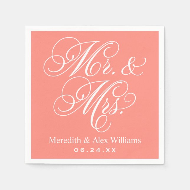 Elegant Coral Mr and Mrs Script Custom Monogram Napkin (Front)