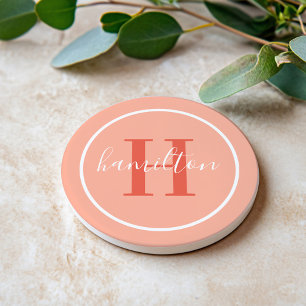 Elegant Coral Orange Round Monogram Script Coaster