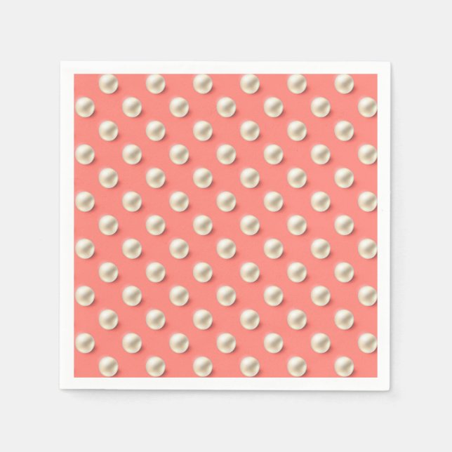 Elegant Coral Paper Napkins with Pearl Accents (Front)