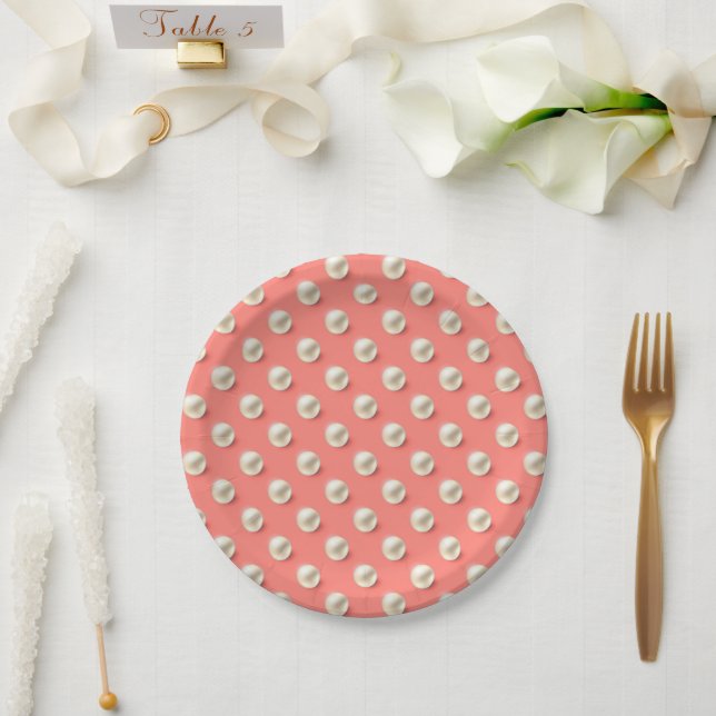 Elegant Coral Paper Plates with Pearl Accents (Wedding)