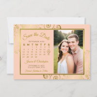 Elegant Coral Peach & Gold Calendar Photo Wedding