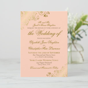 Elegant Coral Peach & Gold Classic Formal Wedding Invitation