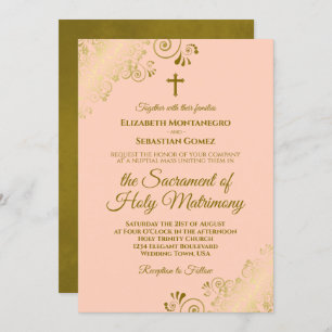 Elegant Coral Peach & Gold Modern Catholic Wedding Invitation