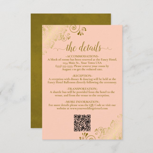 Elegant Coral Peach & Gold Wedding QR Code Details Enclosure Card (Front/Back)