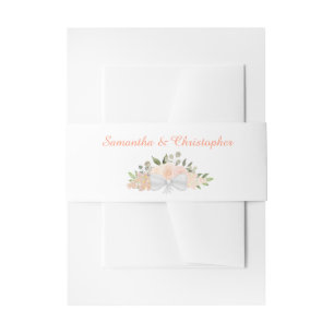 Elegant Coral Peach Roses Boho Chic Floral Wedding Invitation Belly Band