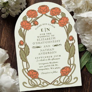 Elegant Coral Peony Art Nouveau Floral Wedding Invitation