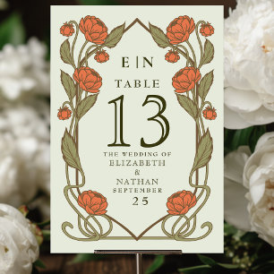 Elegant Coral Peony Art Nouveau Floral Wedding Table Number