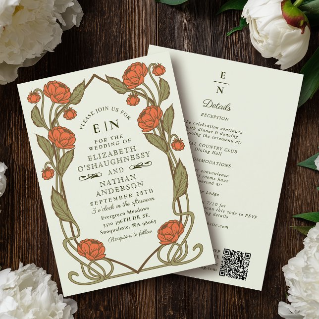 Elegant Coral Peony Art Nouveau QR Code Wedding Invitation (Creator Uploaded)