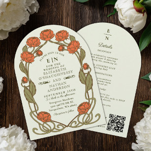 Elegant Coral Peony Art Nouveau Wedding Arch QR Invitation