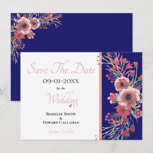 Elegant Coral Peony Floral Wreath on Navy Wedding Save The Date